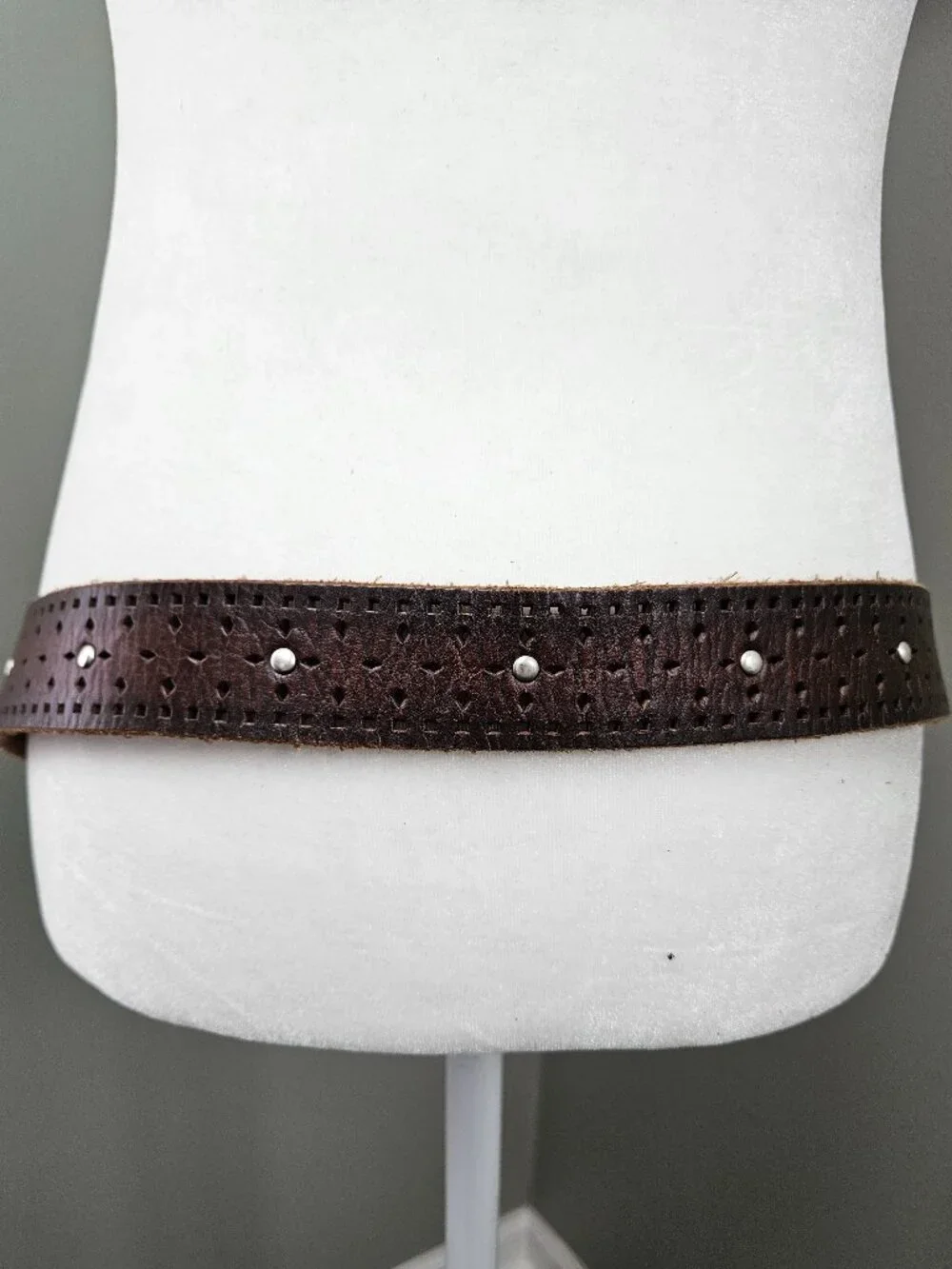 Boho Western Chocolate Brown Perforated Tooled Silver Stud Leather Belt